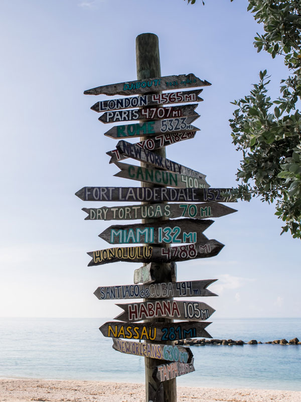 Photo of the major cities signs post at Fort Zachary Taylor Beach.